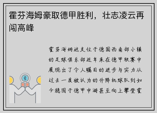 霍芬海姆豪取德甲胜利，壮志凌云再闯高峰
