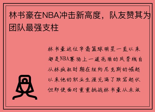 林书豪在NBA冲击新高度，队友赞其为团队最强支柱
